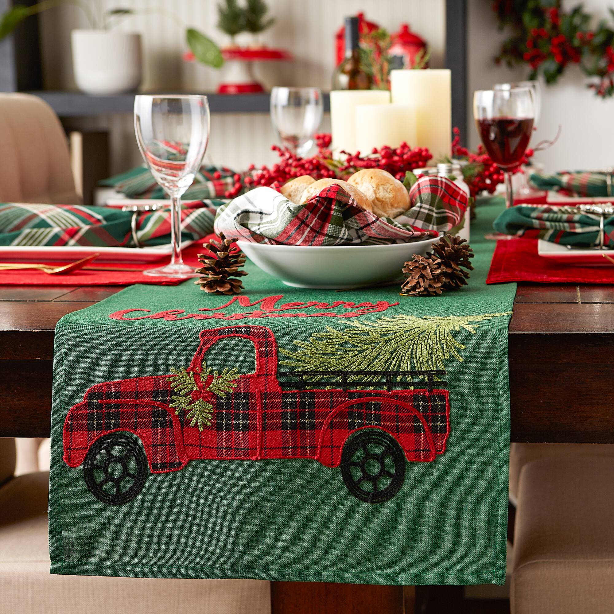 DII® 108" Merry Christmas Truck Embroidered Table Runner